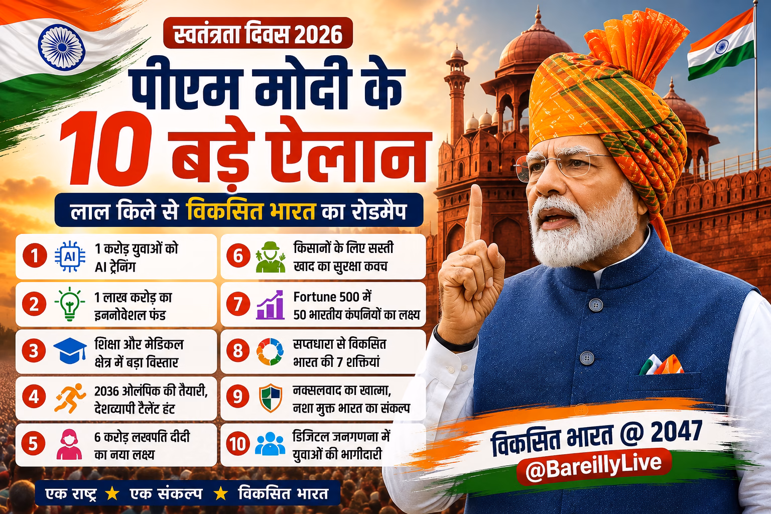 PM Modi, PM Modi Speech, Independence Day 2026, Independence Day Speech, Red Fort Speech, Narendra Modi, AI Training, Startup India, Lakhpati Didi, 2036 Olympics, Saptadhara, Developed India 2047, Farmers, Women Empowerment,