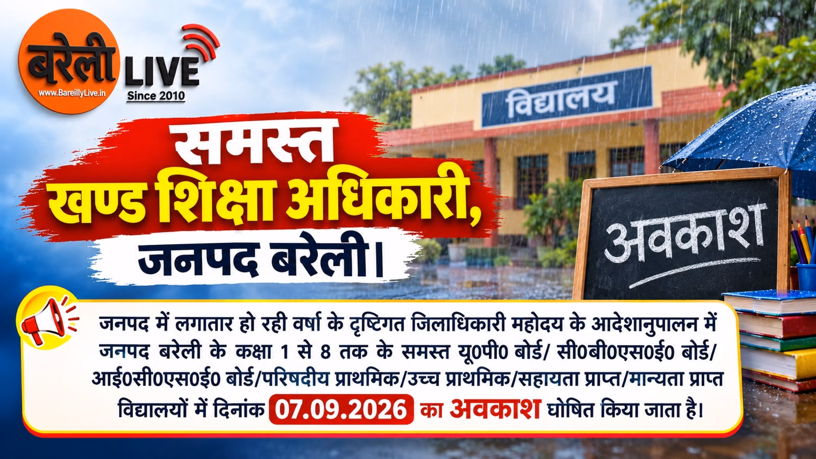 लगातार बारिश के चलते बरेली में कक्षा 1 से 8 तक के स्कूल बंद